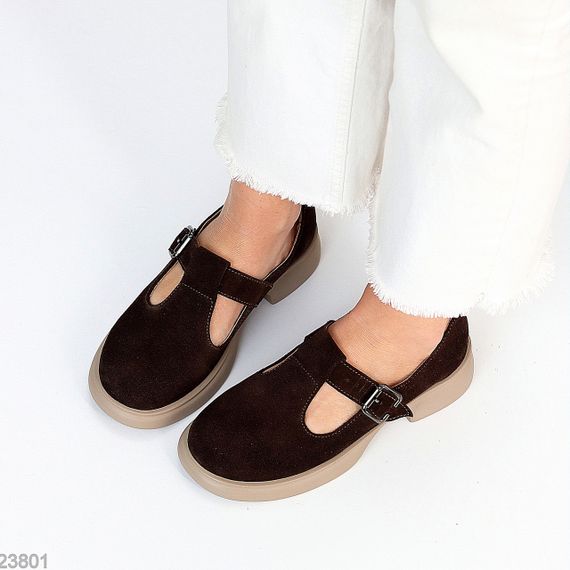 Замшеві демі туфлі на ремінці натуральна замша низький хід колір Шоколад | Зображення 7