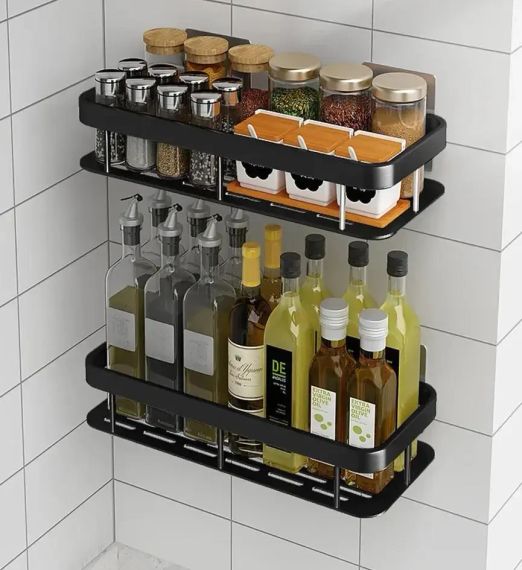 Настенная двухуровневая полка металлическая, самоклеящаяся для ванной комнаты, душевой. | Зображення 1