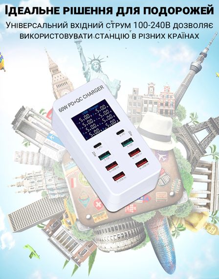 Мережевий зарядний пристрій на 8 роз'ємів Addap WLX-A8T: Type-C + USB-A із підтримкою PD 3.0 та QC 3.0 швидкої зарядки | Зображення 6
