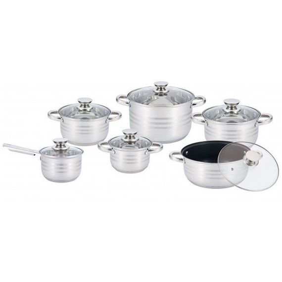 Набор посуды UNIQUE UN-5036 из нержавеющей стали с толстым 5-ти слойным дном с крышками стеклянными 12