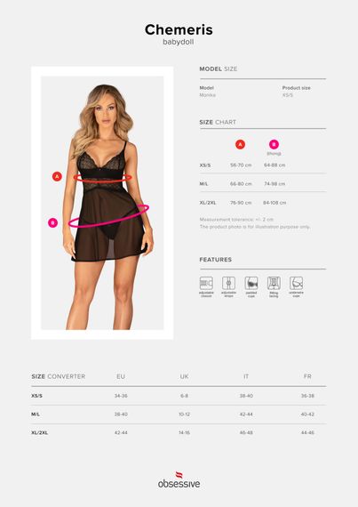 Еротичний комплект Obsessive Chemeris babydoll & thong XS/S, пеньюар та стрінги | Зображення 6