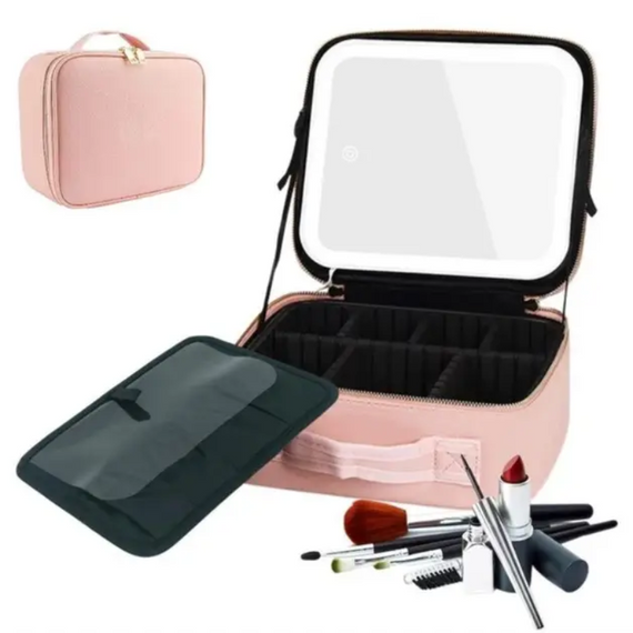 Дорожня косметичка органайзер із дзеркалом і LED-підсвіткою, стильний рожевий б'юті-кейс з LED дзеркалом | Зображення 4