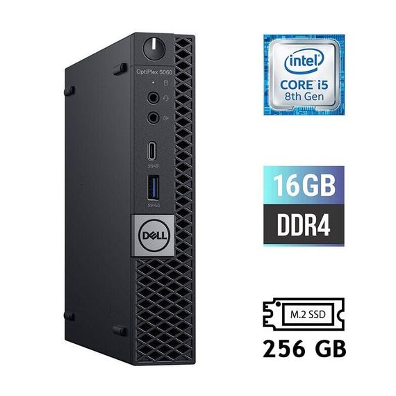 Неттоп Dell OptiPlex 5060 Micro USFF / Intel Core i5-8500T (6 ядер по 2.1 - 3.5 GHz) / 16 GB DDR4 / 256 GB SSD M.2 / Intel UHD Graphics 630 / 90W / Блок питания в комплекте б/у