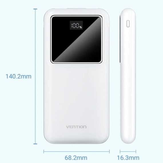 УМБ Vention 10000mAh 22.5W 3A PD,QC3.0, Micro-USB,USB-C,2xUSB-A, LED Display,White | Зображення 8