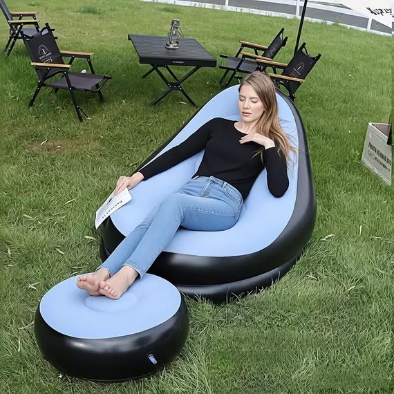 Надувний диван з пуфом Air Sofa / Надувне велюрове крісло з пуфом+насос Блакитний | Зображення 3