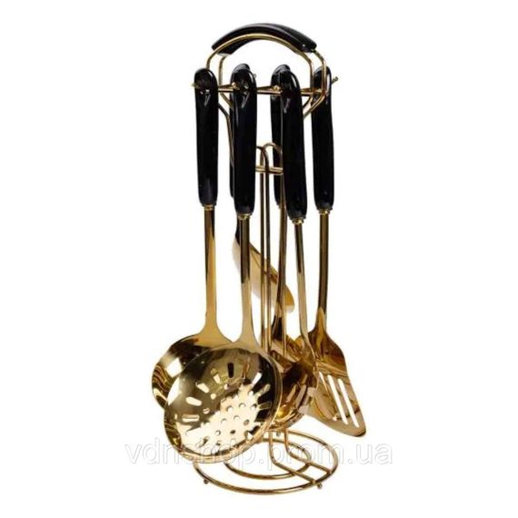 Набір кухонного приладдя на підставці 7 предметів кухонні аксесуари на підставці Чорний із золотом HP-20-66 | Зображення 1