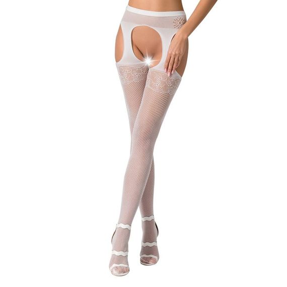 Еротичні колготки-бодістокінг Passion S005 white, імітація панчіх та пояса для панчіх, S/M/L