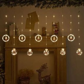 Гірлянда штора 3м з теплим жовтим світінням "Круги та кулі" ялинка, сніговик, дід мороз, олень, шапка SF-50