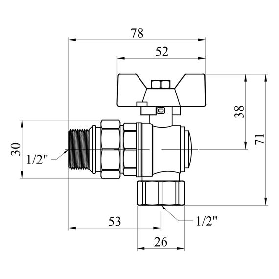 Кран-американка кульовий кутовий Kroner 1/2" ВЗ PN40 метелик, нікельований (CV033223) | Зображення 1