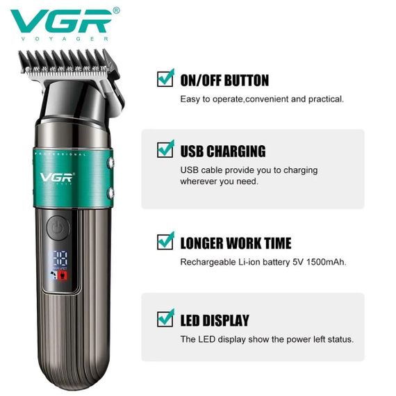 Тример VGR V-929 GREEN, 3 насадки, LED display (45690-V-929 GREEN_407) | Зображення 5
