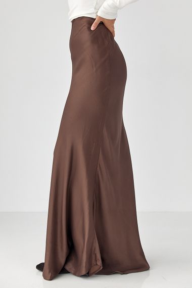 Жіноча атласна довга спідниця на резинці - темно-коричневий цвет, L (є розміри) | Зображення 4