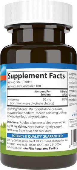 Хелатный марганец Carlson Chelated Manganese, 20 mg, 100 Tablets | Зображення 1