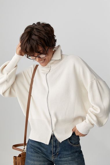 Трикотажний вільний кардиган на блискавці - молочний цвет, ONE SIZE (є розміри) | Зображення 4