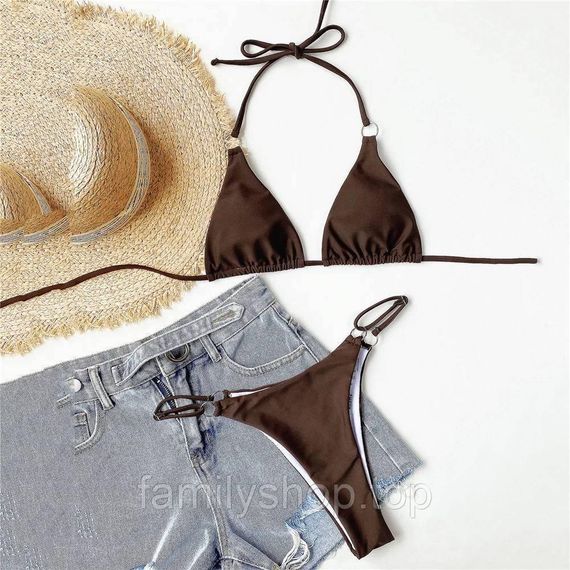 Раздельный купальник-бикини с кольцами на завязках шторки с мягкой чашкой, MBk870, цвет коричневый, размер S | Зображення 3