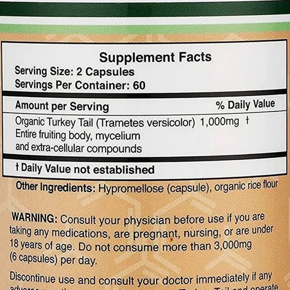 Грибний комплекс Double Wood Turkey Tail Mushroom 1000 mg (2 caps per serving) 120 Caps | Зображення 1