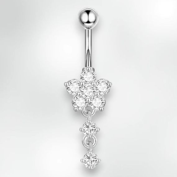 Сережка для пірсингу пупка бананка квітка білі фіаніти сталь срібляста