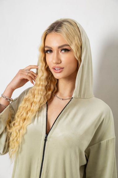 Халат жіночий велюровий на блискавці, колір світло-оливковий, 238R101 | Зображення 5