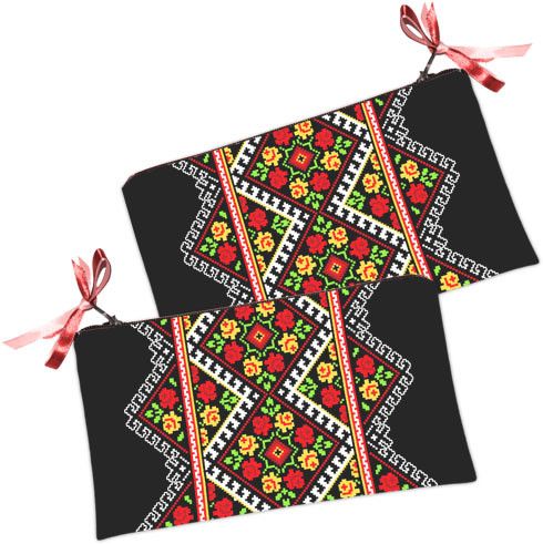 Косметичка жіноча Украинский цветочный орнамент черный 20х12 см (K_KU017)