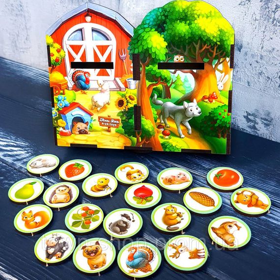 Деревянная настольная игра "Дикие и домашние животные" Ubumblebees (ПСФ021) PSF021 сортер-комодик | Зображення 1
