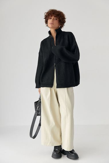 В'язаний кардиган оверсайз на блискавці - чорний цвет, ONE SIZE (є розміри) | Зображення 1