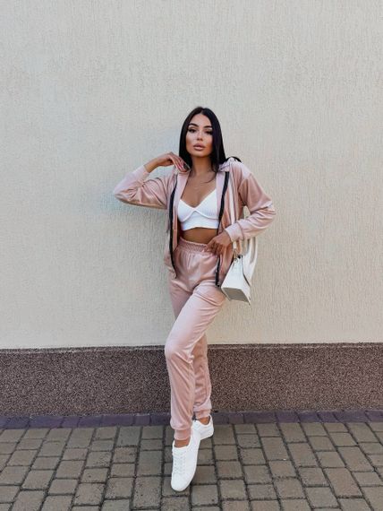 Жіночий спортивний костюм велюровий з кофтою на блискавці розмір S колір бежевий Vi114 | Зображення 2