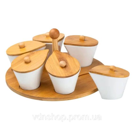 Набір порцелянових баночок для сипучих продуктів 6 штук по 100 мл на бамбуковій підставці HP258 | Зображення 2