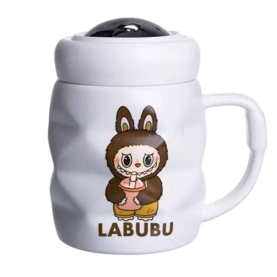Чашка фарфоровая с крышкой Labubu 400 (мл) Белый с темно-коричневым FM-54C