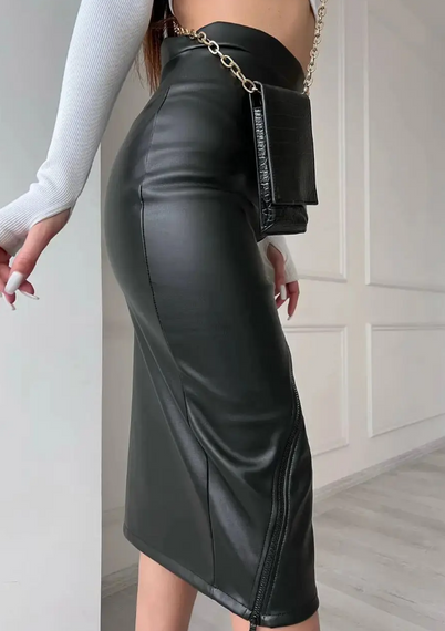 Женская стильная кожаная юбка миди на молнии GF02124 цвет черный, размер 48 | Зображення 5