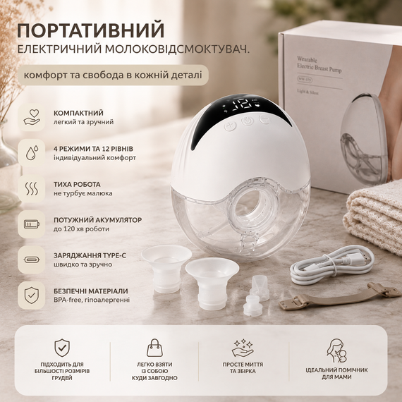 Портативный беспроводной молокоотсос MW-375 Wearable Electric Breast Pump с аккумулятором, 4 режима, 12 уровней, USB Type-C