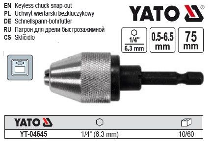 Патрон для дрели YATO Польша HEX 1/4" Ø=0.5-6.5 мм L= 75 мм металл YT-04645 | Зображення 1