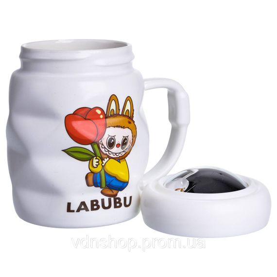 Чашка фарфоровая с крышкой Labubu 400 (мл) подарочная кружка прикольная чашка для детей на подарок Белый с желтым FM-54D | Зображення 1
