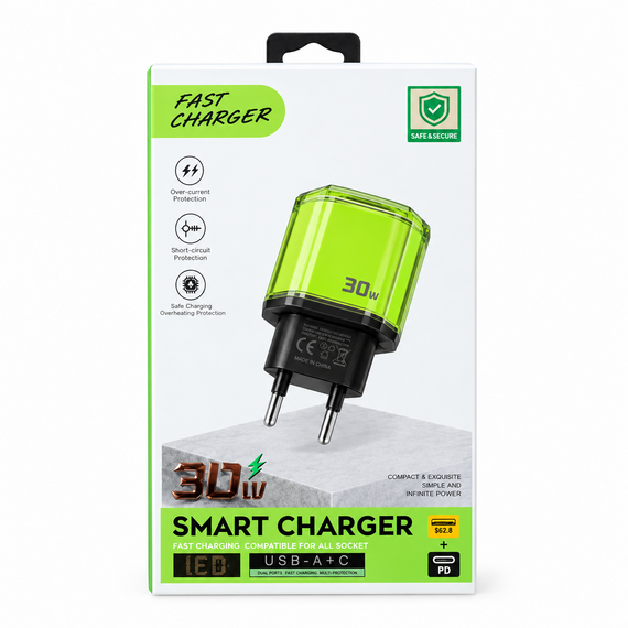 Сетевое зарядное устройство Smart Charger 30W USB-A + USB-C с поддержкой QC 3.0 и PD Зеленый | Зображення 1