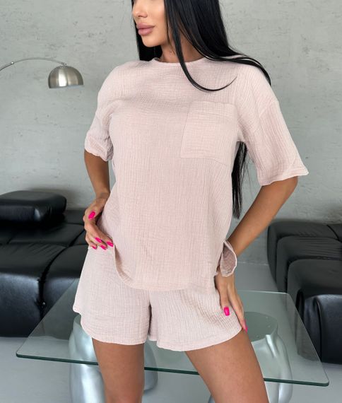 Женский легкий летний костюм шорты и футболка из муслина NA2007 цвет бежевый, размер 46/48