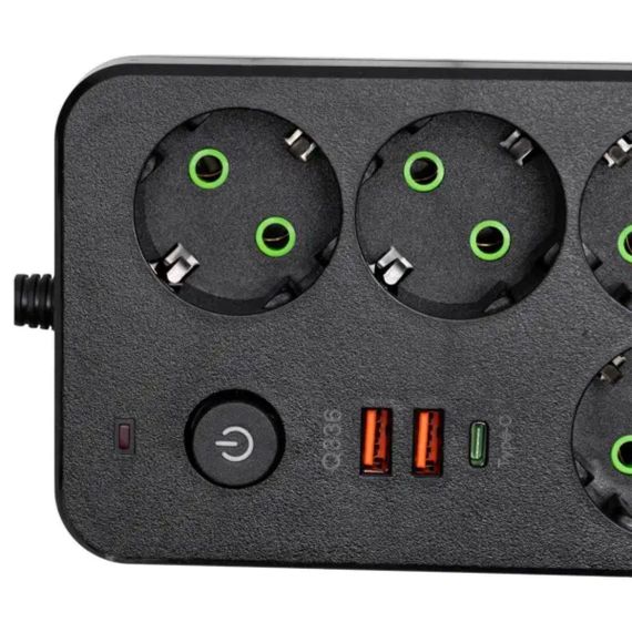 Мережевий фільтр-подовжувач 4 розетки 2xUSB-A 1xUSB-C 3м чорний HP-5-46 | Зображення 2