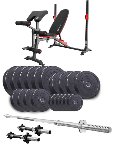 Набір Elitum Titan 109кг з лавою HS-1095, штангою та гантелями