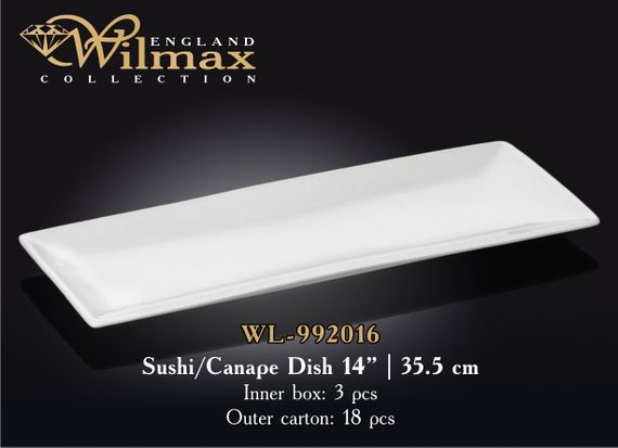 Блюдо порцелянове Wilmax WL-992016 прямокутне 35.5×14 см біле для суші канапе закусок | Зображення 1