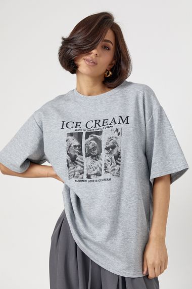 Бавовняна футболка вільного крою з написом Ice Cream - сірий цвет, ONE SIZE (є розміри) | Зображення 4