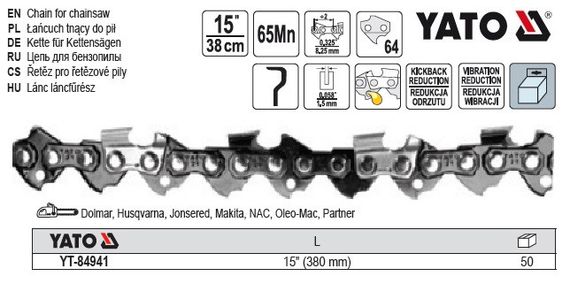 Ланцюг l=15"/ 38 см (64 ланки) для бензопил YT-84900, YT-84934 | Зображення 1