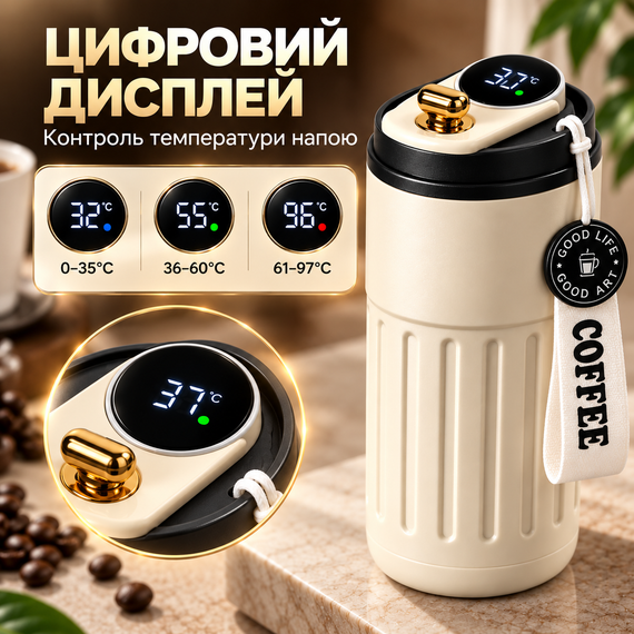 Термокухоль 450 мл з LED-дисплеєм температури, нержавіюча сталь, білий з чорною кришкою— Розумна термочашка для кави та чаю | Зображення 4