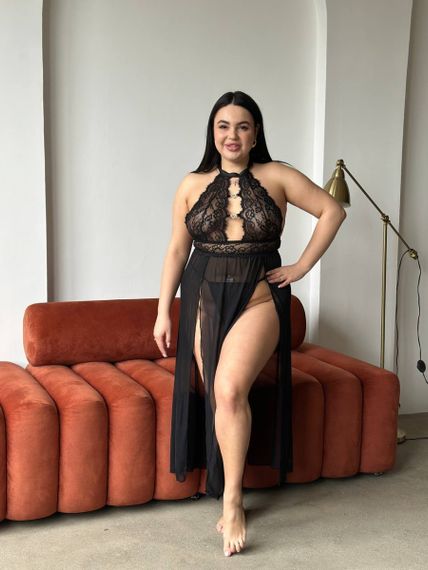 Еротичний чорний мереживний довгий пеньюар PLUS SIZE | Зображення 9