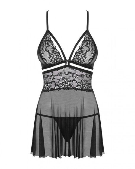 Еротичний мереживний комплект із сіточкою Obsessive 838-BAB-1babydoll & thong black, чорний, пен, S/M | Зображення 5