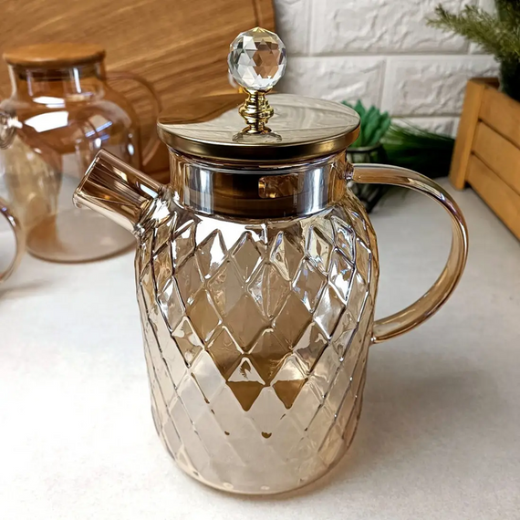 Термостойкий стеклянный чайник Amber Crystal GK-5504 1,8 л декоративный рельефный дизайн Янтарный перламутр | Зображення 4