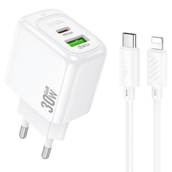СЗУ Hoco CS55A Surplus PD30W+QC3.0 (1USB-A/1C) + кабель Type-C to Lightning White