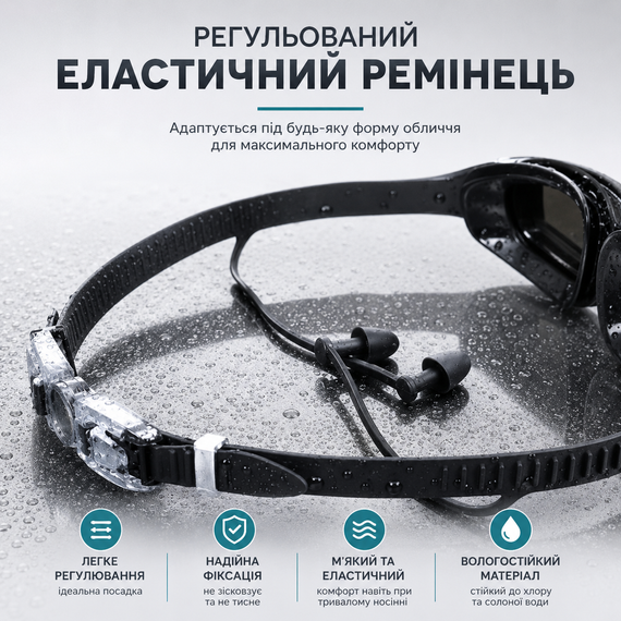 Окуляри для плавання стартові професійні з вбудованими берушами та 3D-ущільнювачем із пам'яттю форми. Сірі | Зображення 3