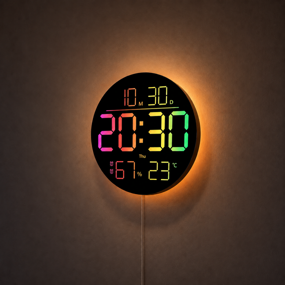 Годинник настінний 6695R/Настінний годинник круглий RGB з пультом/ Календарем, температура, вологість | Зображення 2