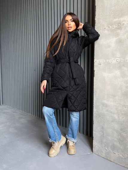 Женская длинная теплая куртка-пальто стеганая силикон 200, NA1044 цвет черный, размер 38/40 | Зображення 5