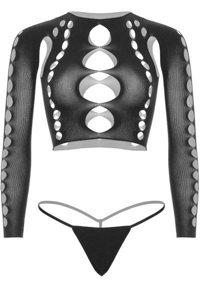 Комплект безшовної білизни Leg Avenue Long sleeve crop top & string Black, One Size, топ, стрінги Sex Aura | Зображення 2