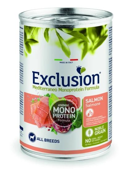 Полнорационный влажный корм Exclusion Adult Salmon All Breeds с лососем для взрослых собак всех пород 400 г консерва