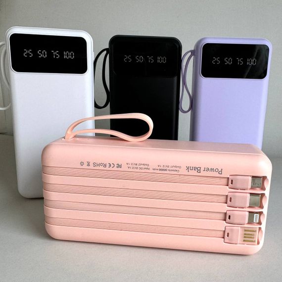 Power Bank Intelligent Fast з кабелем USB+Micro+Type-C+Lightning (30000mAh) Рожевий | Зображення 1
