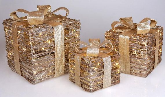 Набір декоративних подарунків - 3 коробки 15х20см, 20х25см, 25х30см з LED-підсвіткою, старовинне золото | Зображення 1